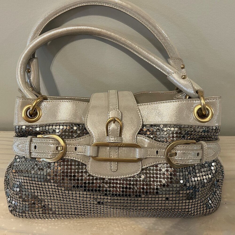 JIMMY CHOO- Vintage Handbag – Mirrored Bottom & Pearl White Leather Straps
